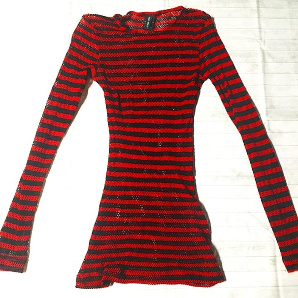 Bond Street sz S Red/Black Striped Fishnets Shirt